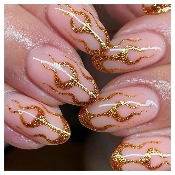 Kunstnägel 24 Stück Mandel Kurz French Glitzer Gold Flamme 1 St