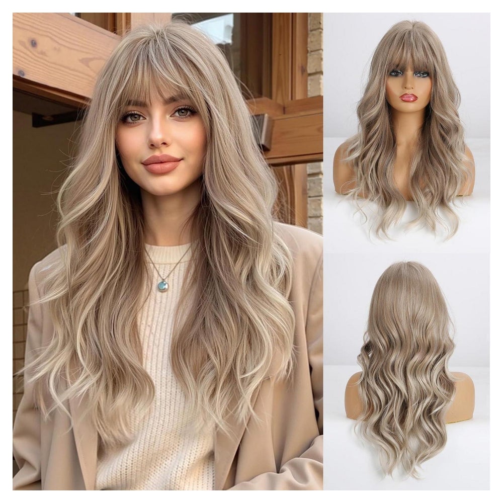 Perücke 24Zoll Lockig Blond Synthetisch Pony Asche Blond 1 St
