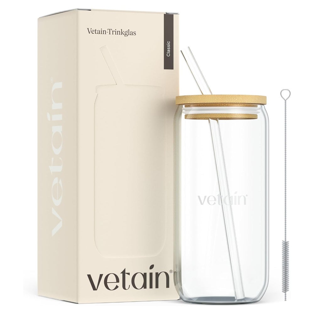 VETAIN Trinkglas 500ml - mit Bambusdeckel & Glasstrohhalm 1 St