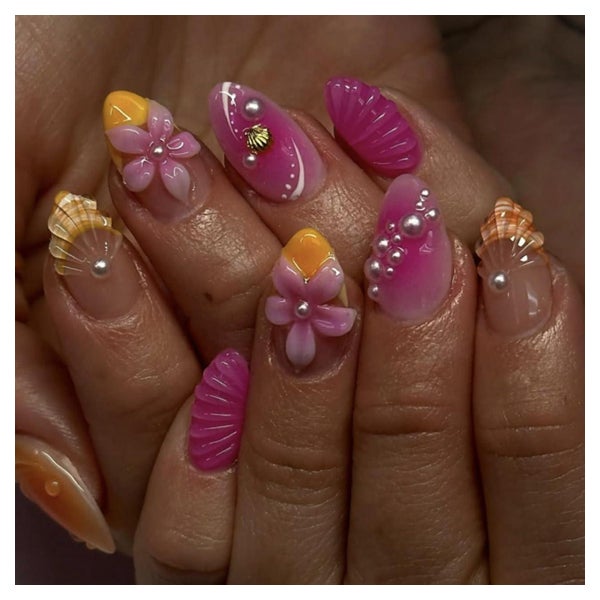 Künstliche Fingernägel Kurz Almond French 3D Blumen Pearl FC 1 St