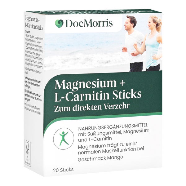 DocMorris Magnesium + L-Carnitin Sticks - Für Energie, Muskeln & Leistung – Direktgranulat, 20 St