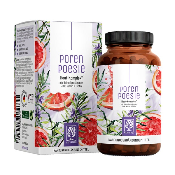 Haut Komplex aus Akazienfaser mit 6 Bakterienstämmen, Grapefruit, Rosmarin, Zink, Biotin & Niacin (Vitamin B3) - Lactobacillus & Bifidobakterien 200 Mrd. KbE/g - PORENPOESIE - 90 vegane Kapseln - NATURTREU® 90 St