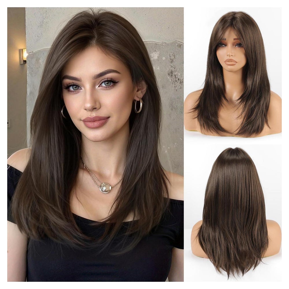 Perücke Frauen schulterlang gerade Pony synthetisch dunkelbr 1 St
