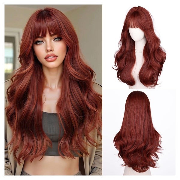 Fulang Hair Auburn Lange Gewellte Damen Perücke mit Vorhang Pony - Synthetik