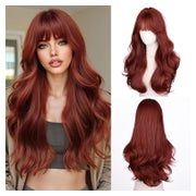 Fulang Hair Auburn Lange Gewellte Damen Perücke mit Vorhang Pony - Synthetik