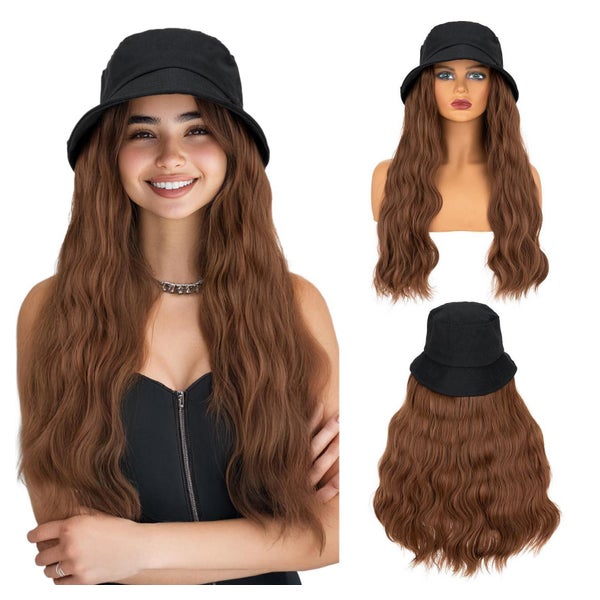 Hut Perücke Eimerhut Damen Locken Synthetik 45 CM Hellbraun 1 St