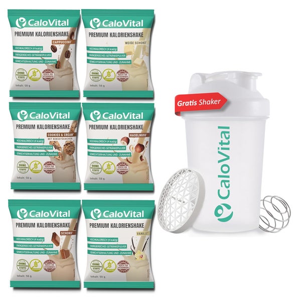 CaloVital Probierpaket Nuss & Creme 6er Pack + Shaker 300 g