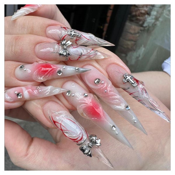 Press On Nails Stiletto Rosa 3D Strass Schleife Nagelkleber 1 St