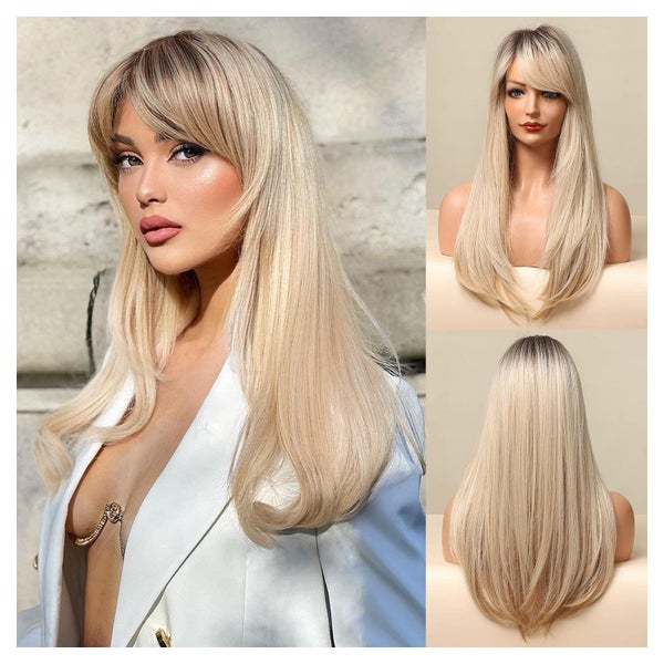 Honygebia Lange Blonde Ombre Perücke mit Pony - Synthetik, Hitzeresistent