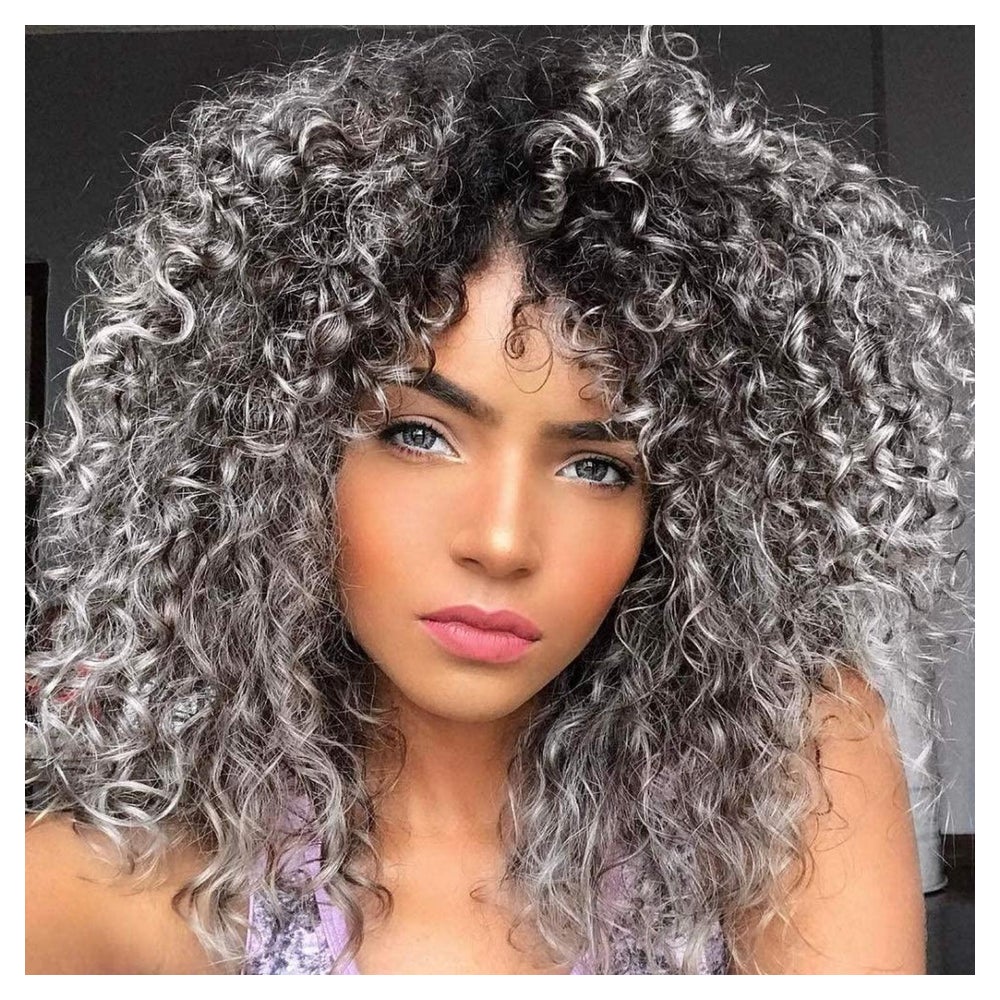 Perücke Afro Damen Ombre Silber Lockig Pony grau 1 St