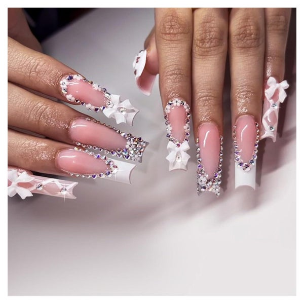 24 Stück Press on Nails Lang False Nails Weiß 3D Schleife Rh 1 St
