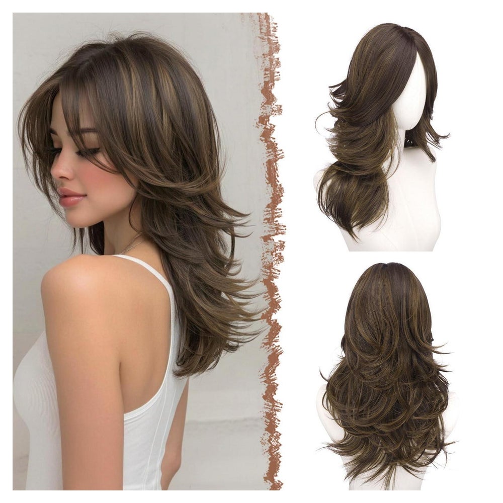 Perücke Scheitel 50cm Locken Vorhangpony Braun mit Strähnche 1 St