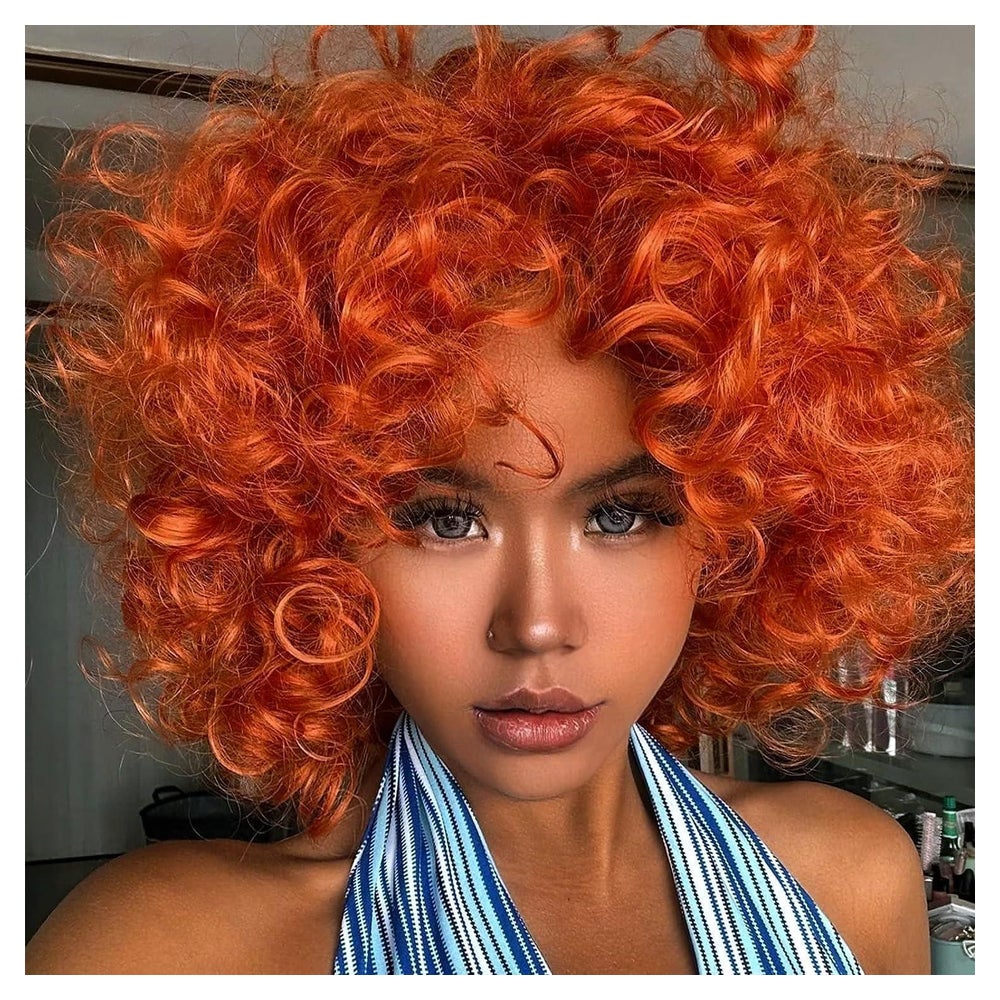Perücke Afro Damen synthetisch lockig Pony kurz Bob orange I 1 St