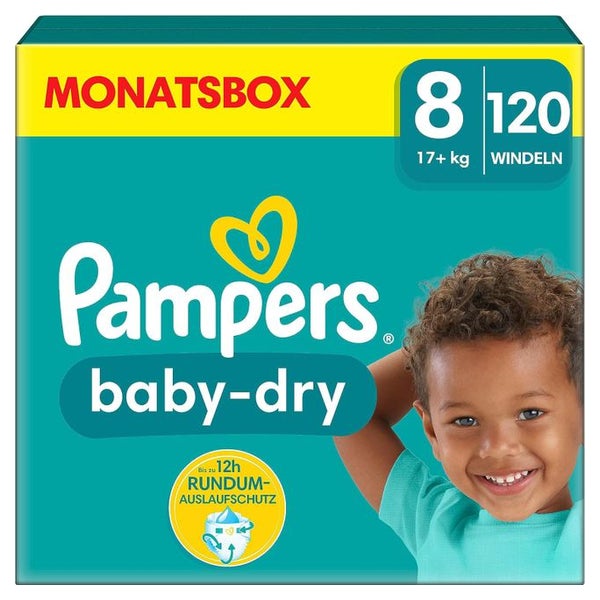 Pampers Baby Dry Windeln Größe 8 Extra Large, ab 17 kg – doppeltes Sicherheitsbändchen 120 St