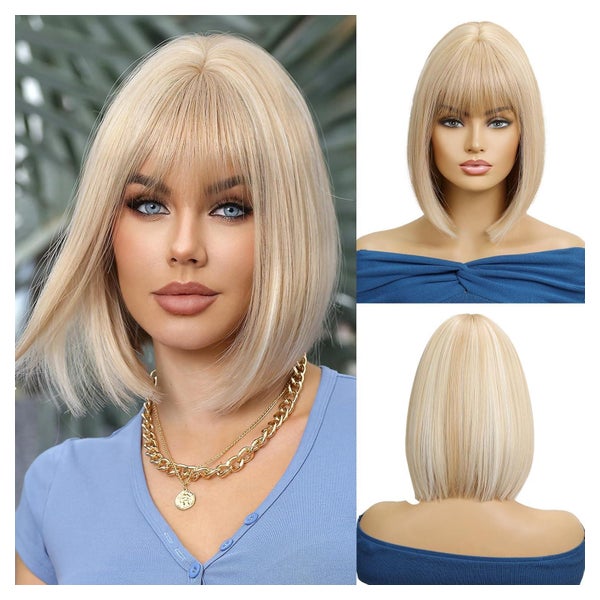 Blonde Bob Perücke mit Pony Synthetisches Haar für Frauen Co 1 St