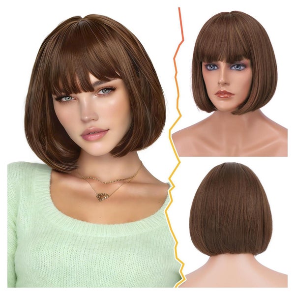 Perücke Bob Kurz Pony Braun Damen 32cm Synthetisch Schokolad 1 St