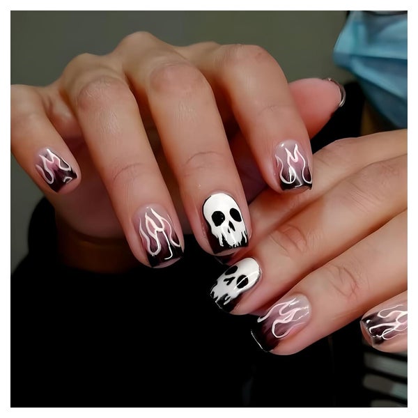 Kunstnägel Kurz Quadratisch Black Skull Flame 1 ml (1er Pack 1 St
