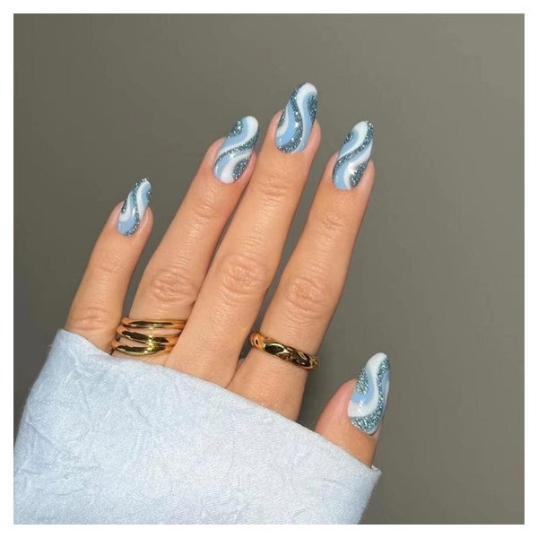 Falsche Nägel Mandel Acryl Press on Glitter Swirl 24Pcs Blau 1 St
