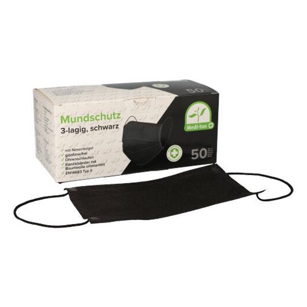 Medi-Inn Mundschutz mit Elastikbändern und Nasenbügel Typ II 3-lagig schwarz 400x50 St