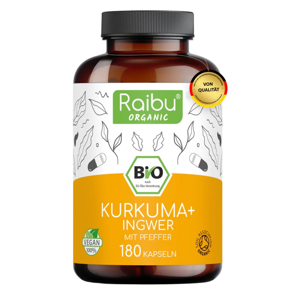 BIO Kurkuma Komplex Kapseln Hochdosiert, mit Ingwer, Schwarzem Pfeffer - RAIBU 180 St