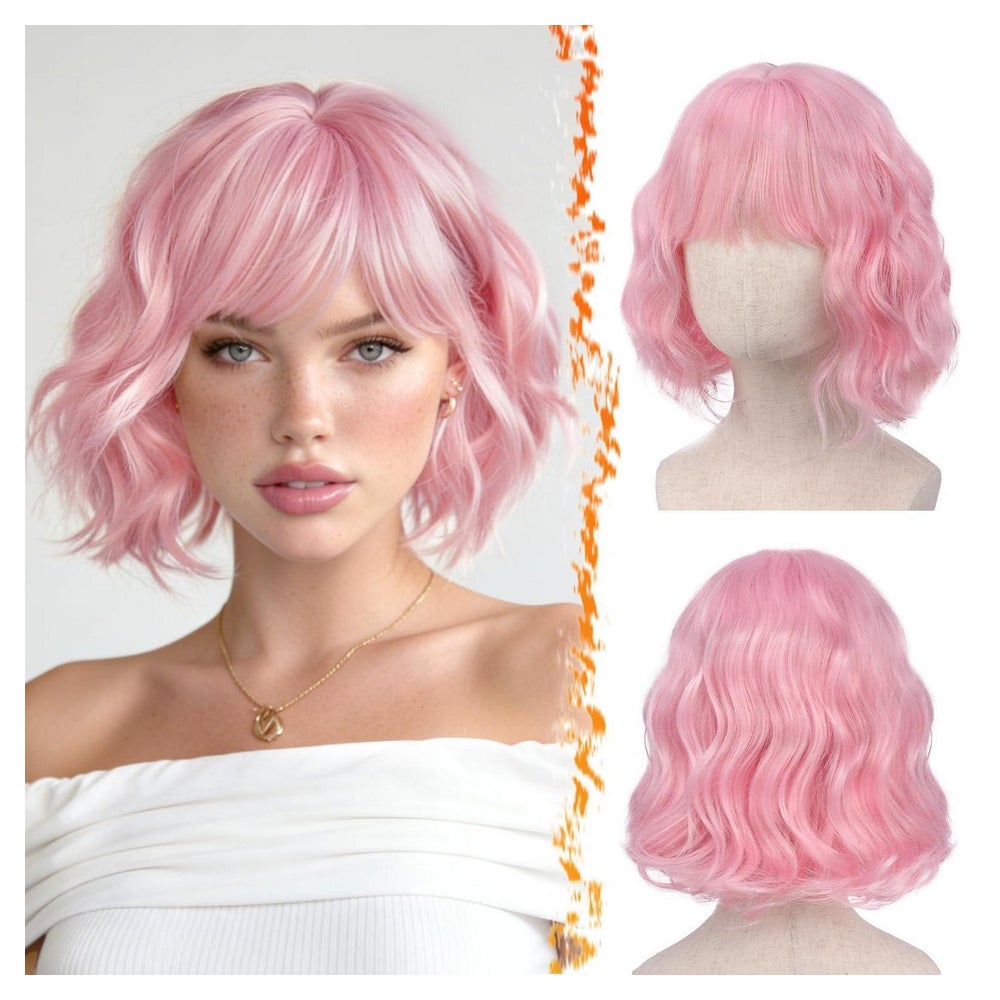 Perücke Kurze Gewellt Pony Synthetisch FrenchBob Lockig Rosa 1 St