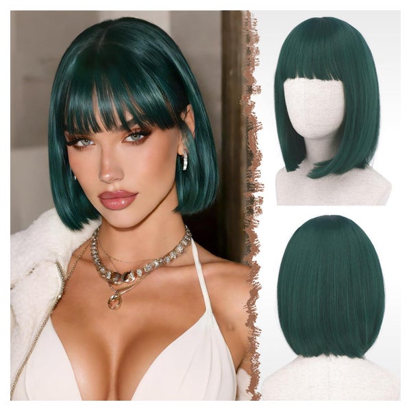 FESHFEN Dunkelgrüne Bob Perücke mit Pony, 30 cm, Synthetik, für Cosplay & Party