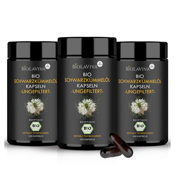 BIOLAVIVA Schwarzkümmelöl Kapseln | Bio | ungefiltert | 240 Kapseln x 3 St