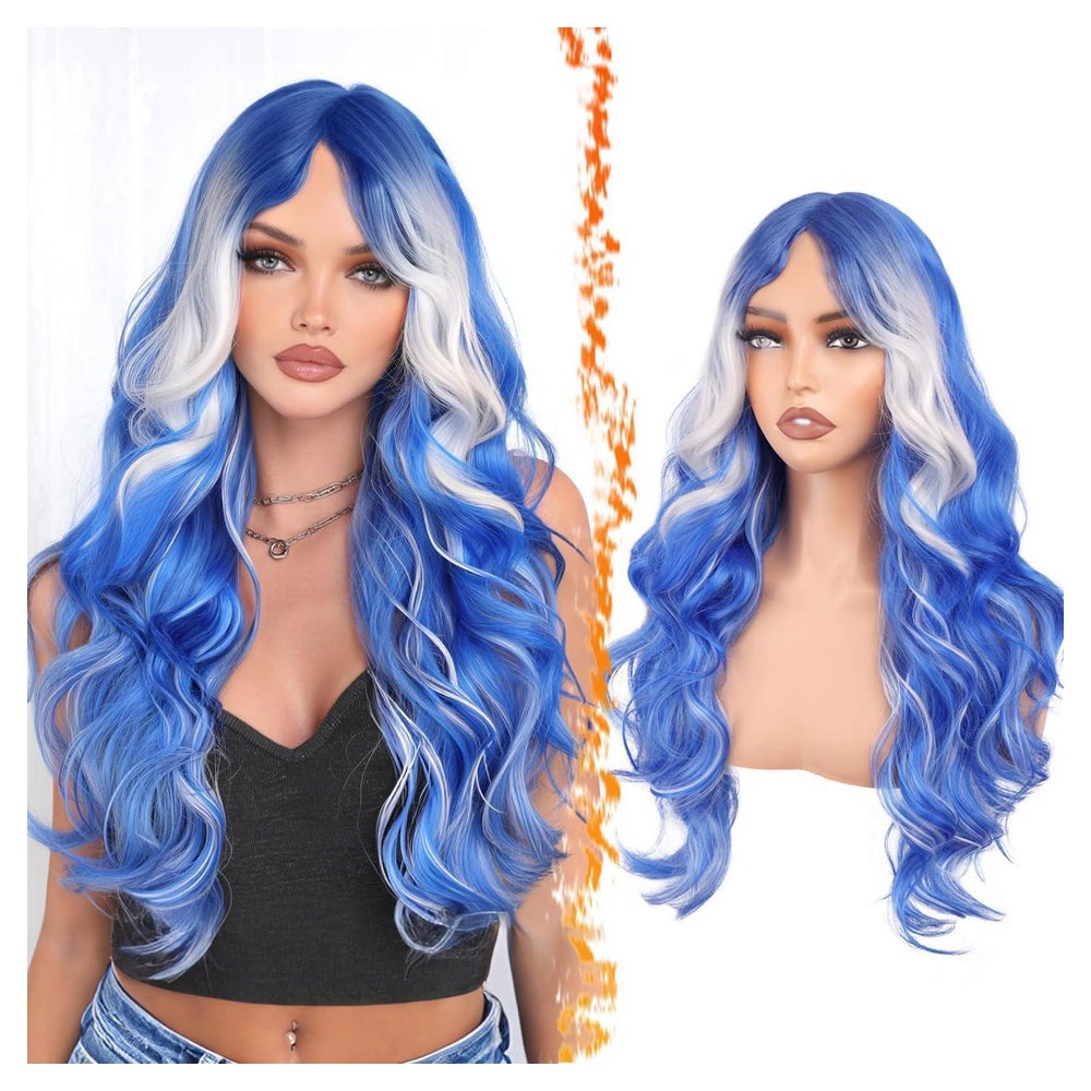 Perücke Lang Wellen Curtain Bangs 71cm Blau Blond Blau Plati 1 St