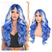 Perücke Lang Wellen Curtain Bangs 71cm Blau Blond Blau Plati 1 St