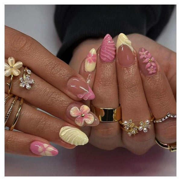 Künstliche Fingernägel Kurz Rosa French 3D Blumen Y2K AKD31 1 St