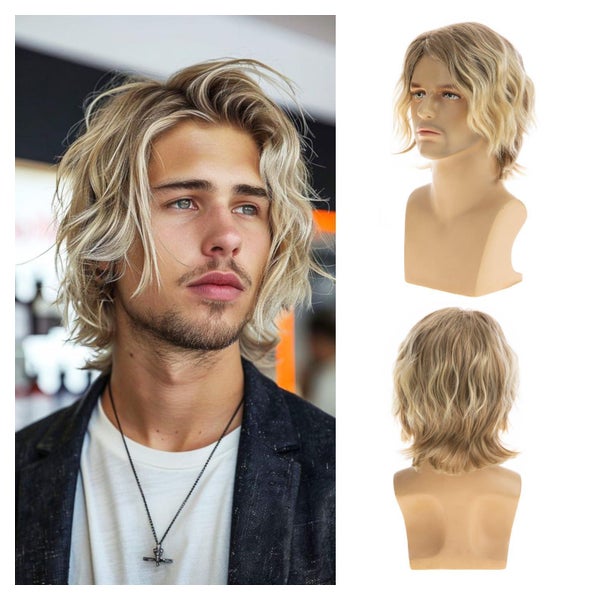 Beweig Männer kurze blonde lockige Perücke, synthetischer Cosplay Ersatz