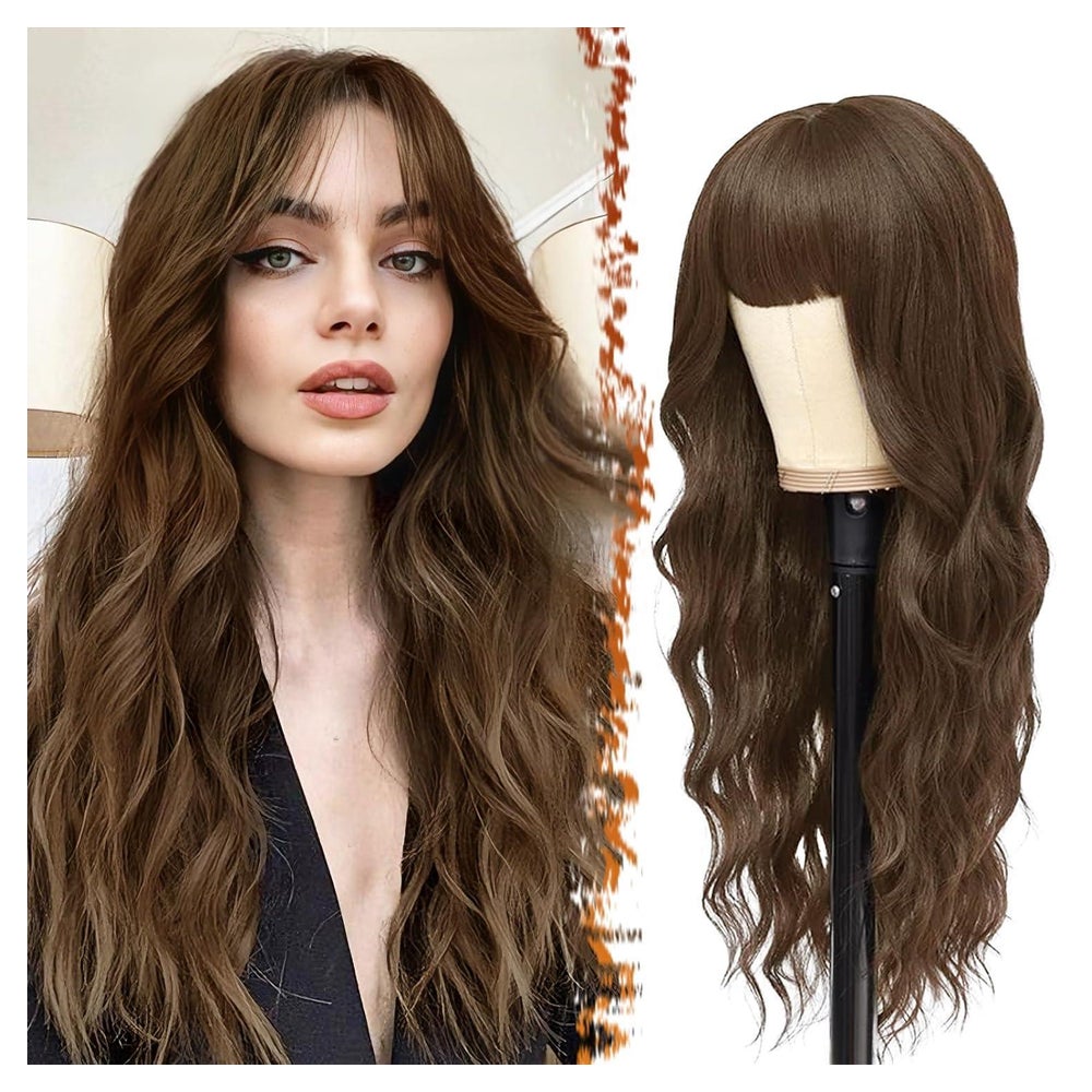 Lange Braune gewellte Perücke mit Pony 66cm für Frauen Cospl 1 St