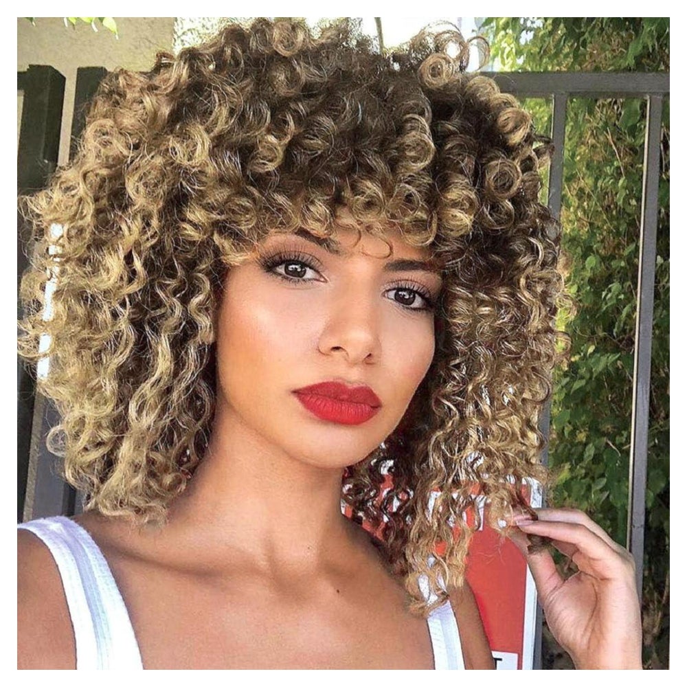 Perücke Afro lockig Ombre blond Pony Schwarz mit blonden Hig 1 St
