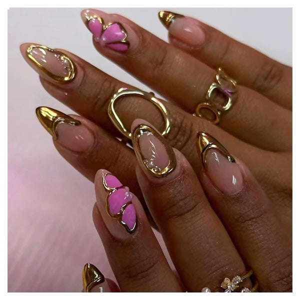 24 D 3D Mandel Press on Nägel Gold Charms Pink Schmetterling 1 St