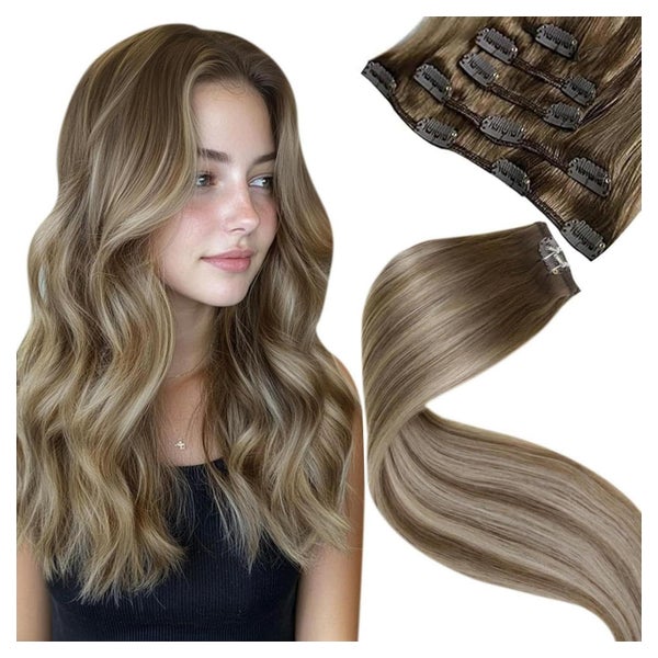 LaaVoo Echthaar Extensions Clip Ombre Blond Balayage 5PCS 35cm 80g #8/60/8