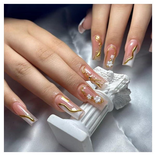 Fingernägel Lang Square Weiß French 3D Floral Gold Pearl AKB 1 St