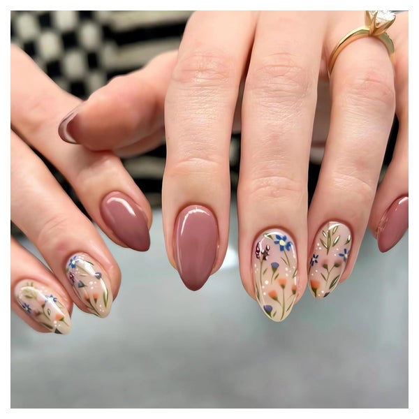 Kunstnägel 24 Kurz Mandel Blumenmuster Coffee Pink 11brown&a 1 St