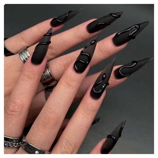 24 Matt Schwarze Mandel Stiletto Press On Nägel 3D Schlange 1 St