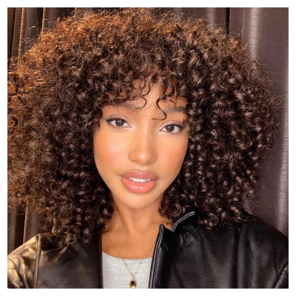 Perücke Afro Kinky Curly Lockig Pony Kurz Braun Damen Dunkel 1 St
