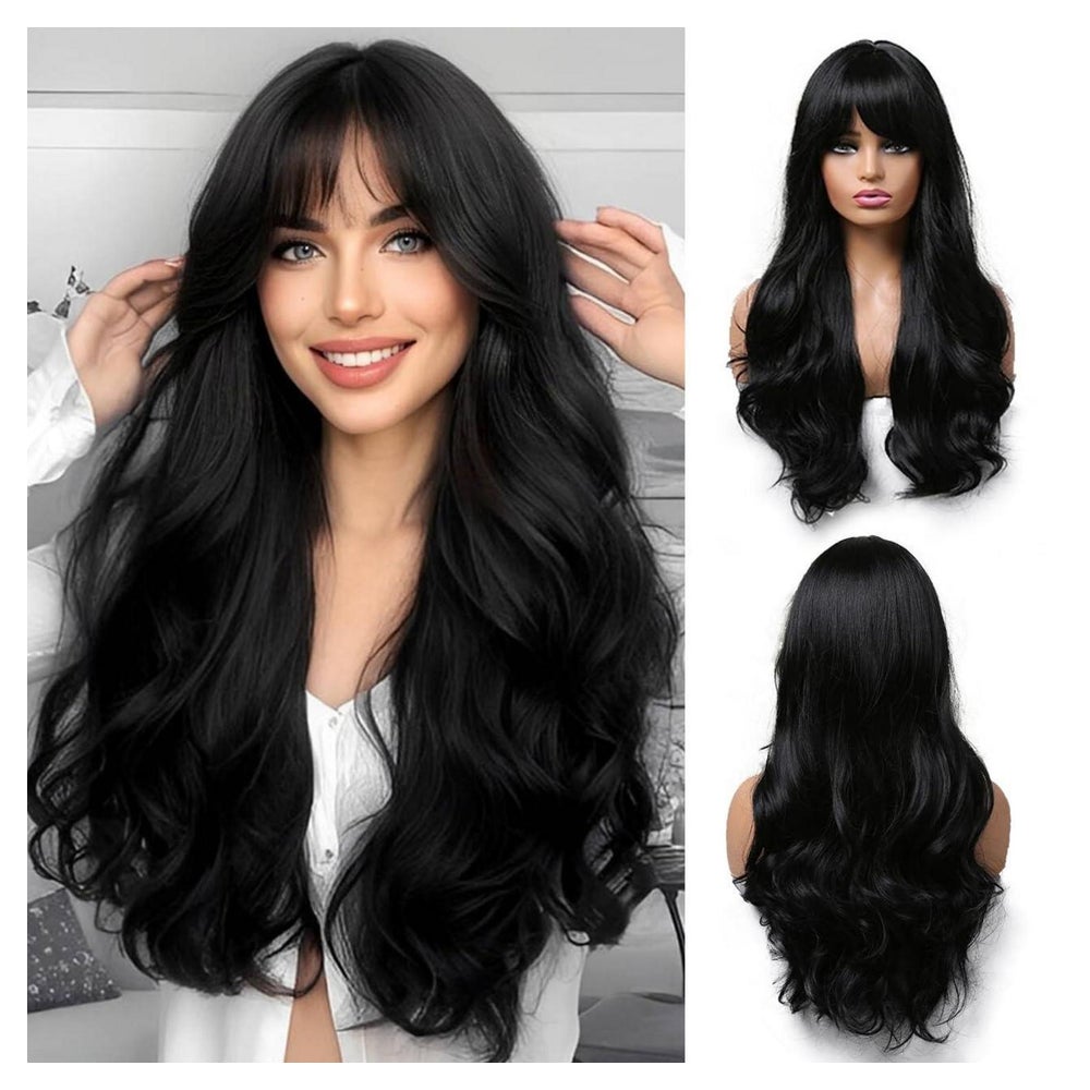 Lange Gewellte Schwarze Perücke Mit Pony Synthetische Haare 1 St