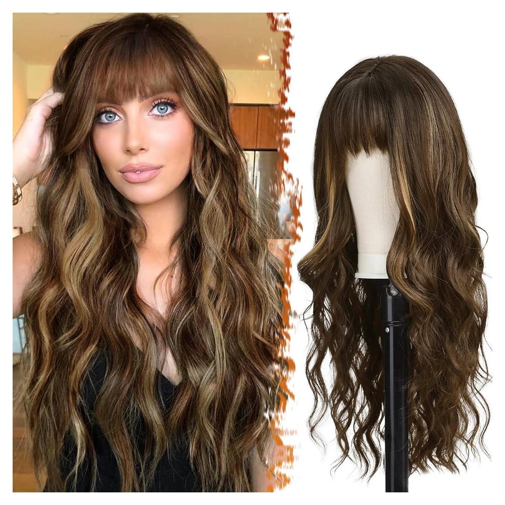 Perücke Gewellt 66cm Pony Rot Synthetisch Balayage Braun Mix 1 St