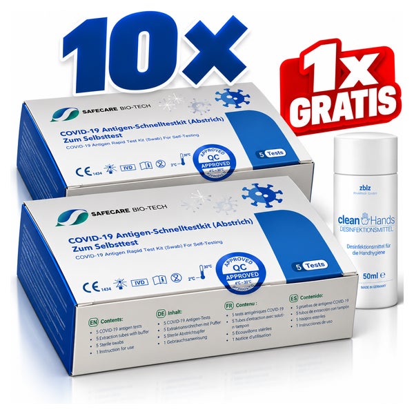 10 x Safecare - 2 x 5er Covid19 Selbsttest & Gratis ZWZ Desinfektionsmittel 10 St