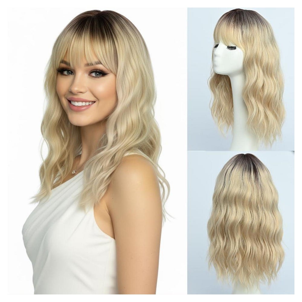 Perücke Pony Mittellang Dunkelwurzel Gewellt 40cm Blond 1 St