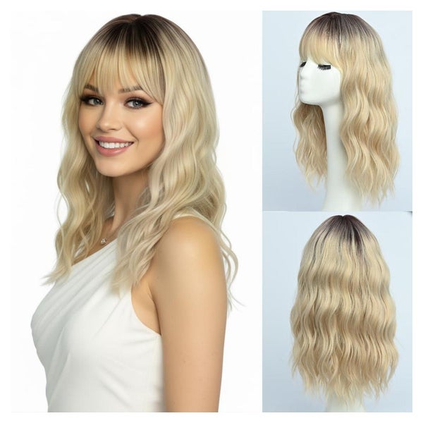 Perücke Pony Mittellang Dunkelwurzel Gewellt 40cm Blond 1 St