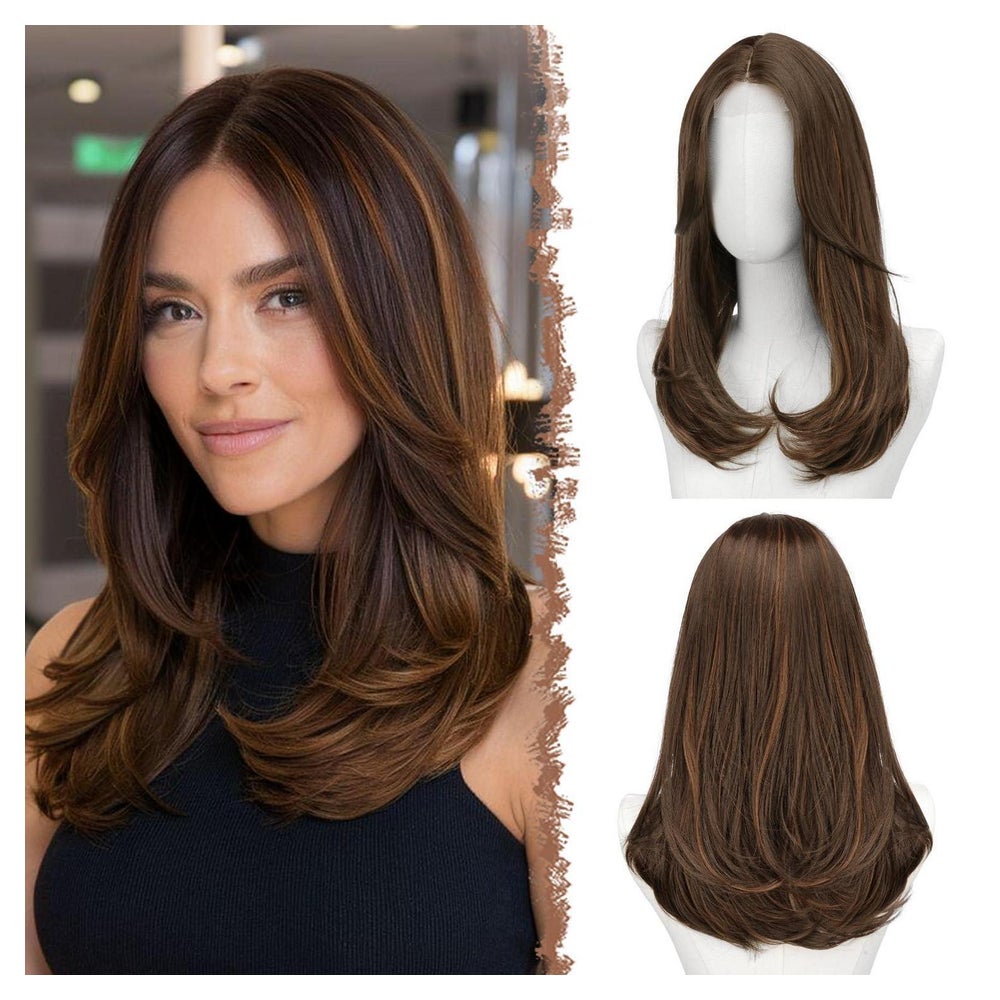 Perücke Damen Pony Synthetik 45cm Lace Front Braun Gemischt 1 St
