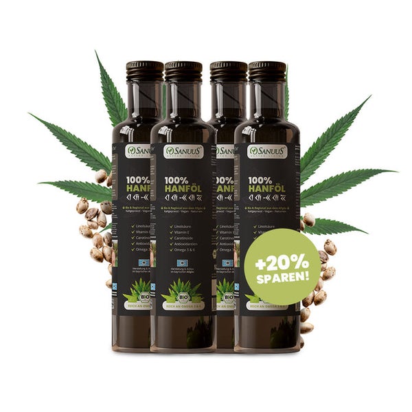 SANUUS® Premium Bio Hanföl kaltgepresst 4x500ml +Omega-3 - Rein aus Hanfsamen aus Deutschland 2000 ml