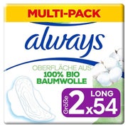 Always Ultra Binden Damen Gr. 2, Long, 54 Damenbinden mit Flügeln (3 x 18 Stück), Monatspaket, Organic Cotton Protection, sicherer Schutz und Oberfläche 100% Bio-Baumwolle 1 St