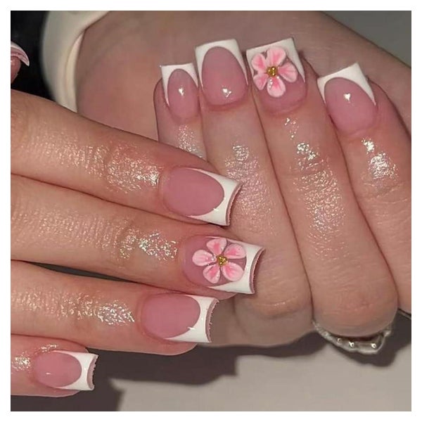 Press On Nails Kurz Square Nude French 3D Blumen Nail Glue F 1 St