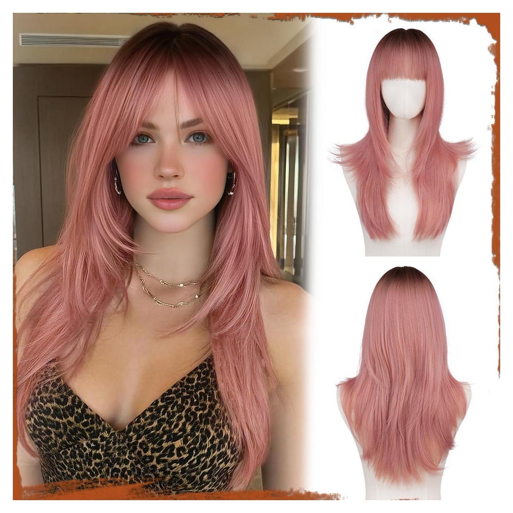 Perücke Pony Damen Lang Synthetisch 60cm Rosa 1 St