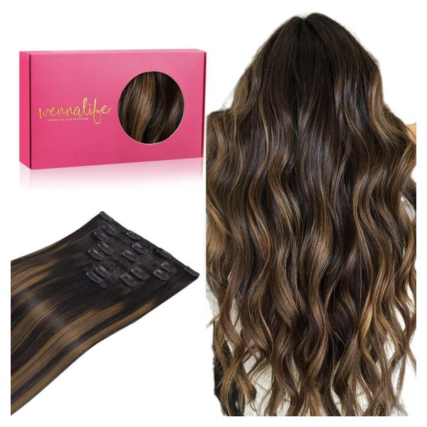 WENNALIFE Clip in Echthaar Extensions 40cm 120g 7tlg Balayage Schwarz/Braun